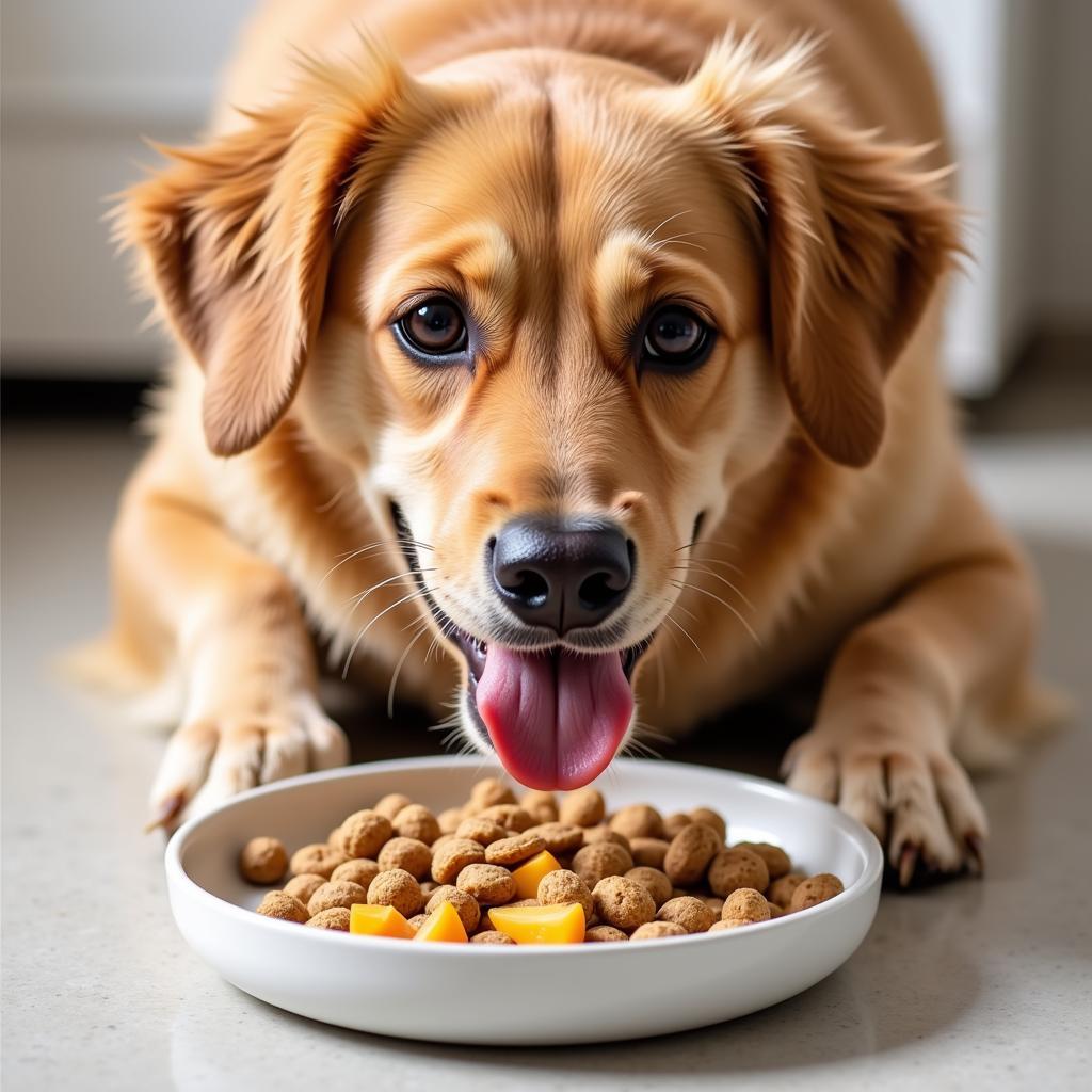 A happy dog enjoying a meal of healthy, natural dog food.