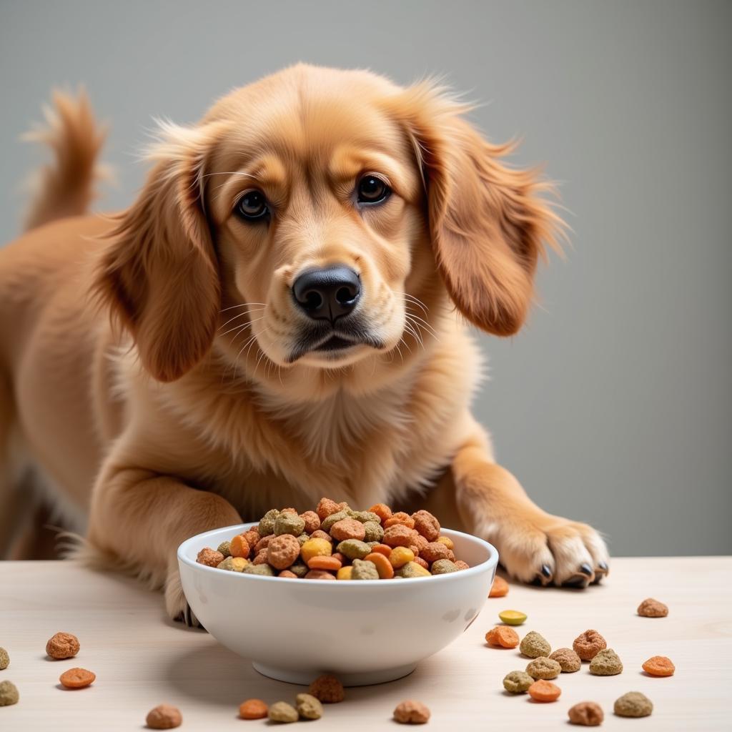 A happy dog is enthusiastically eating organic vegan dog food from its bowl.