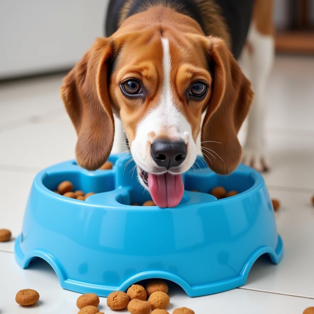 Dog happily eating from a puzzle bowl