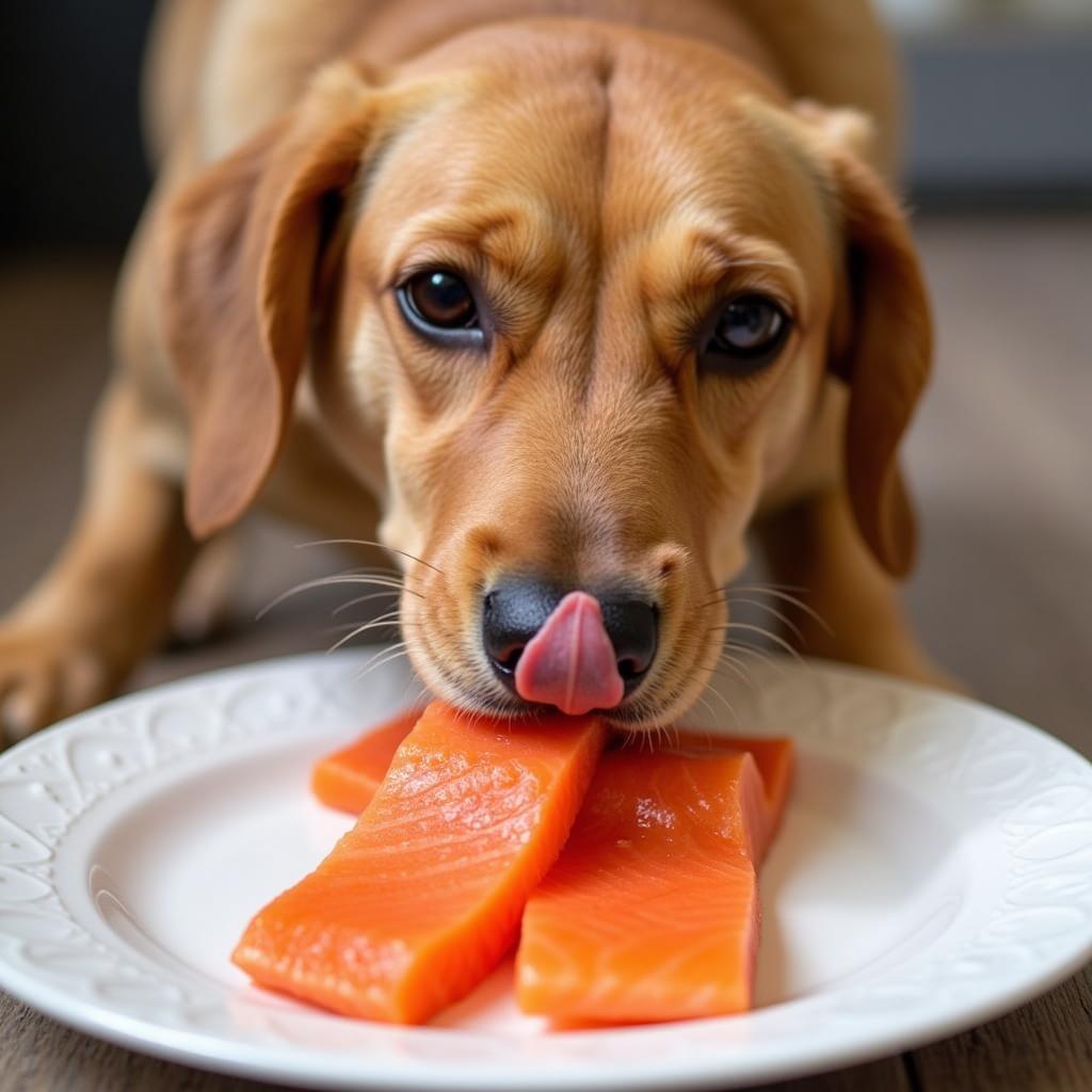 Dog Enjoying Raw Salmon Meal