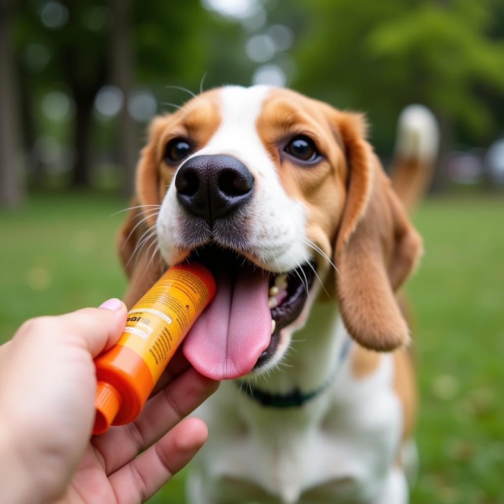 Dog happily licking a tube of food