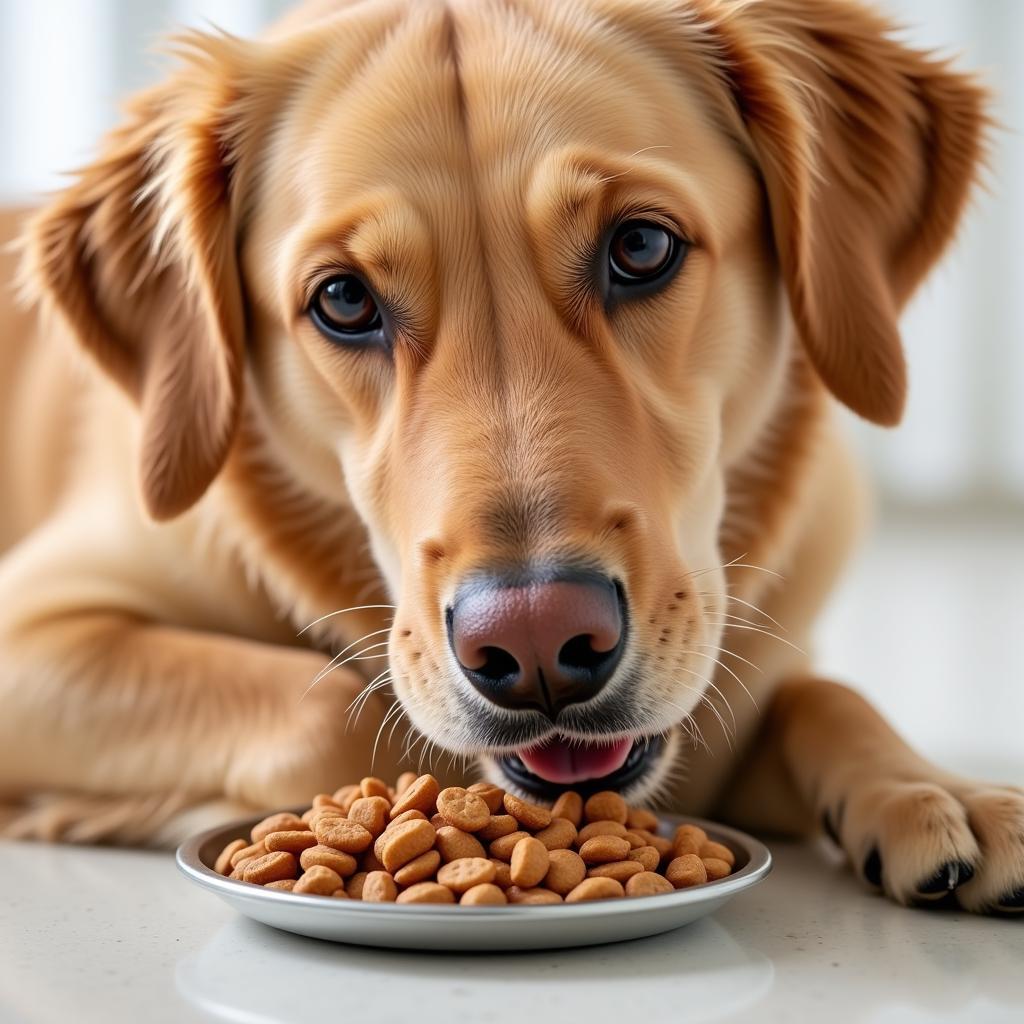 A happy dog enjoying a bowl of turkey dry dog food