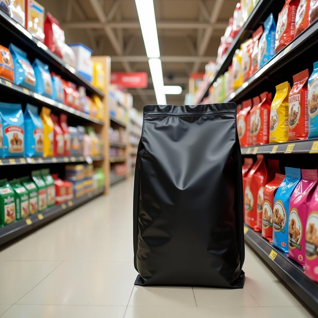 Dog Food in Black Bag on Store Shelf