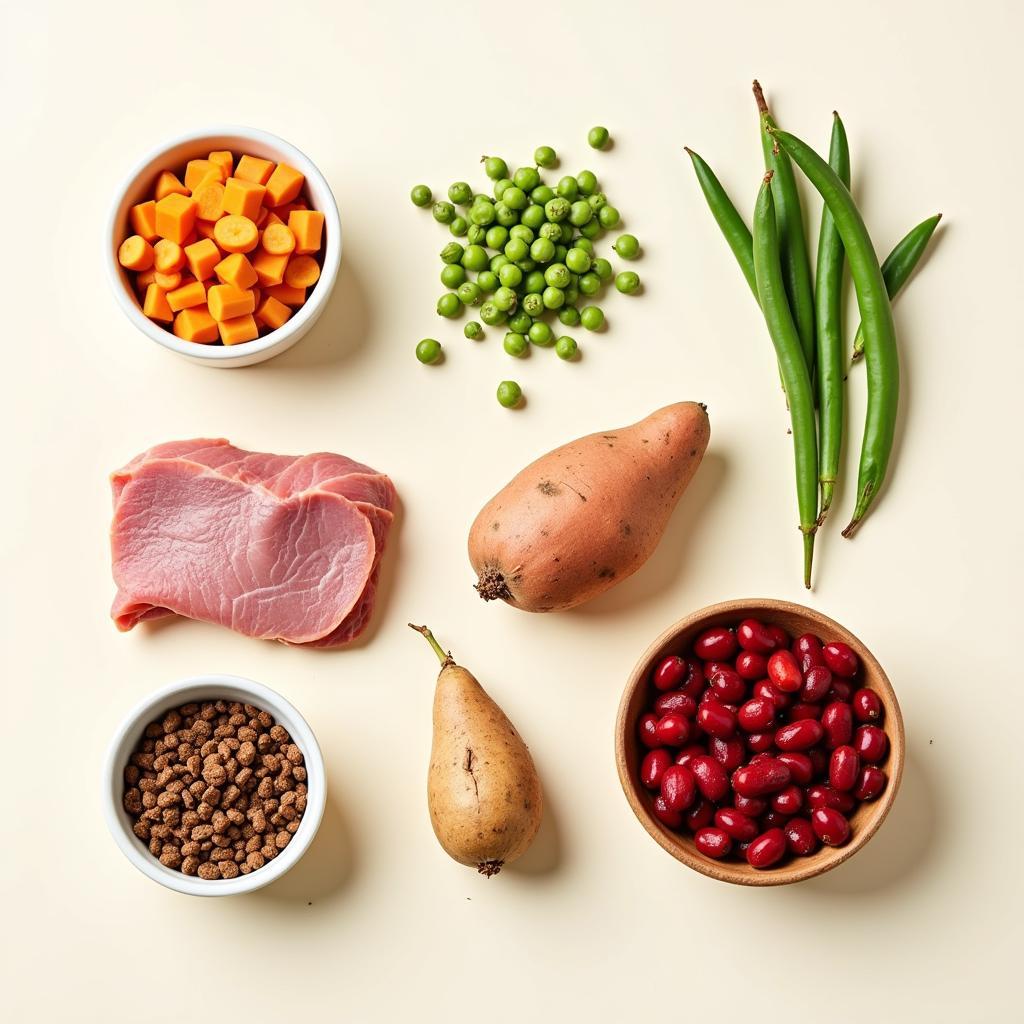 Various ingredients used in making duck dry dog food