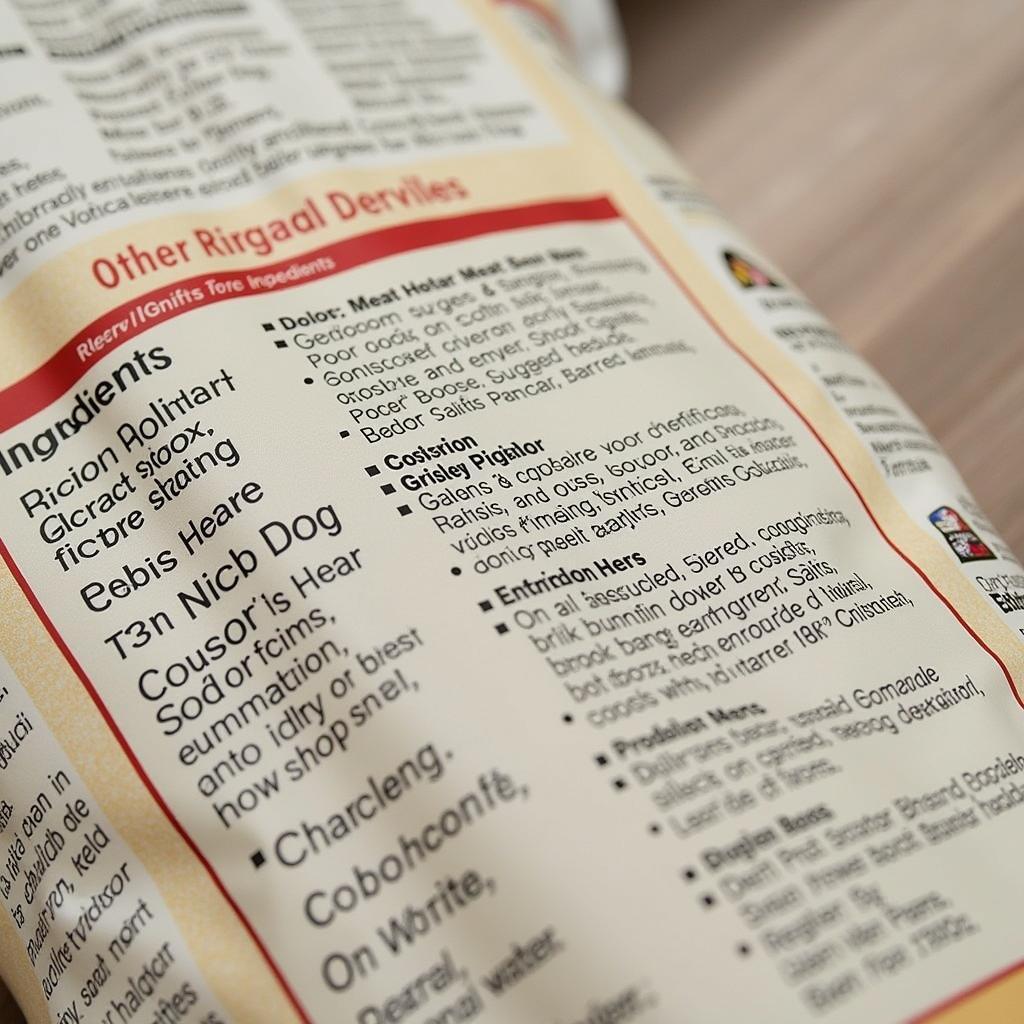 Close-up of a dog food label highlighting the ingredient list.