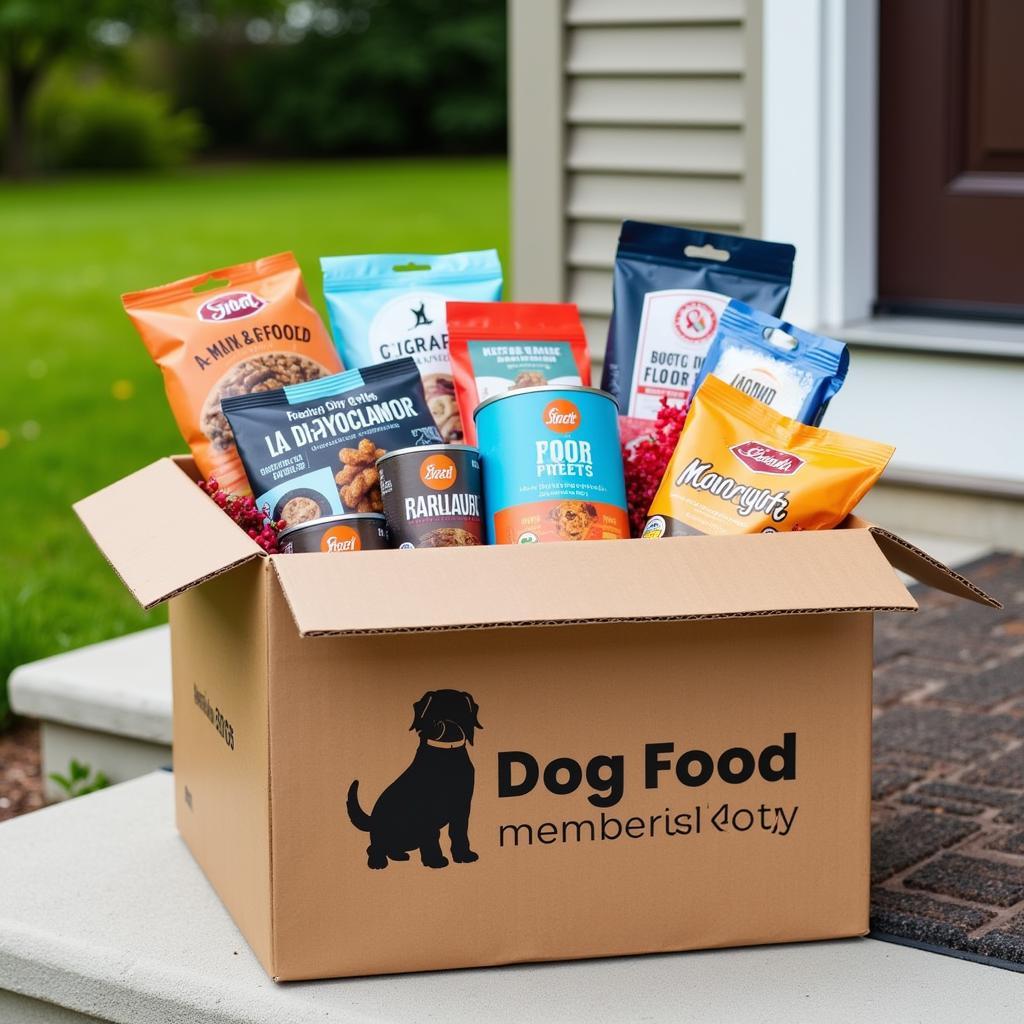 Dog food membership delivery box on a doorstep