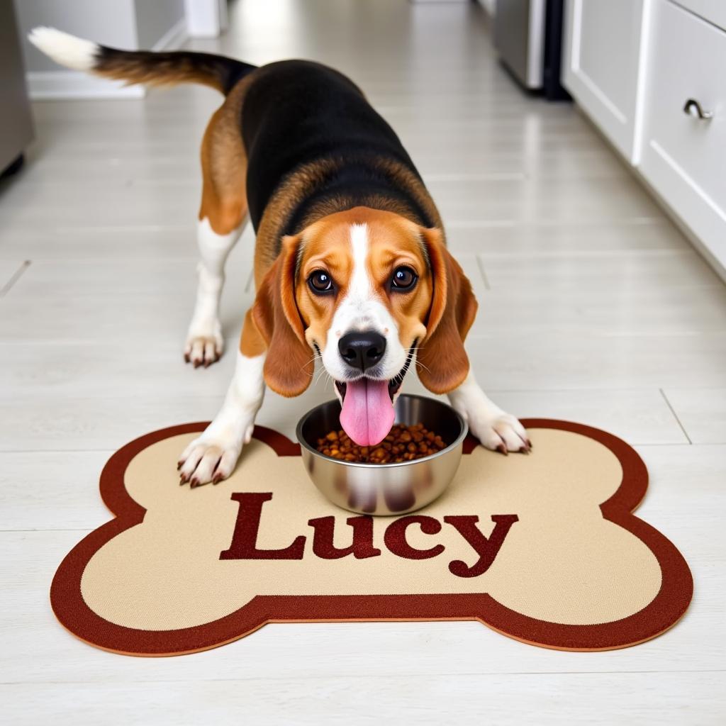 Dog Happily Eating from Personalized Mat