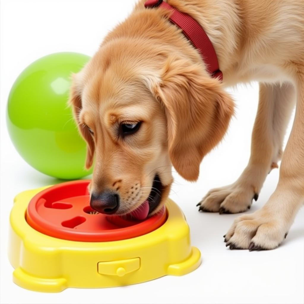 Dog interacting with a puzzle feeder toy