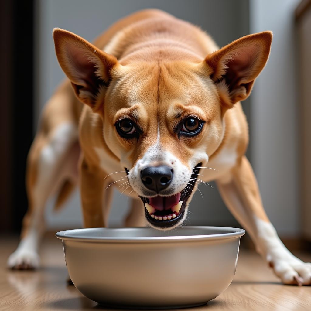 Dog showing food aggression signs, including stiff body, whale eye, and lip curling