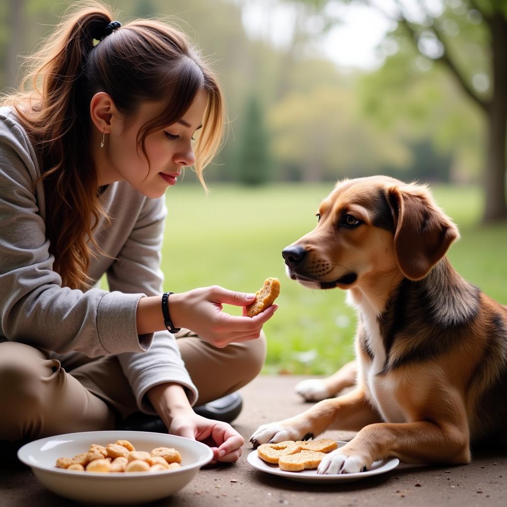 A certified dog trainer using positive reinforcement methods to address food aggression in a dog