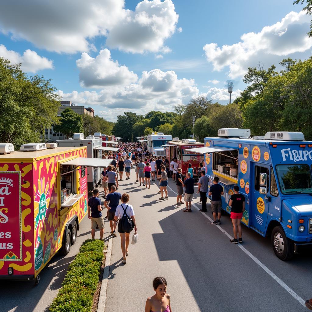 Doral Food Truck Variety: A vibrant array of food trucks lined up at a local event, showcasing diverse cuisines and colorful designs.