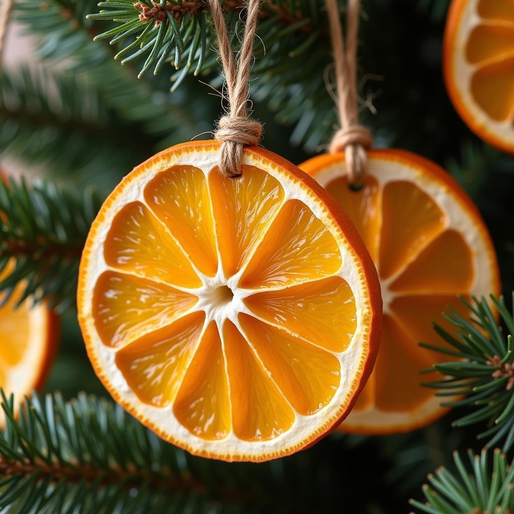 Dried orange slices tied with twine, ready to be hung on a Christmas tree.