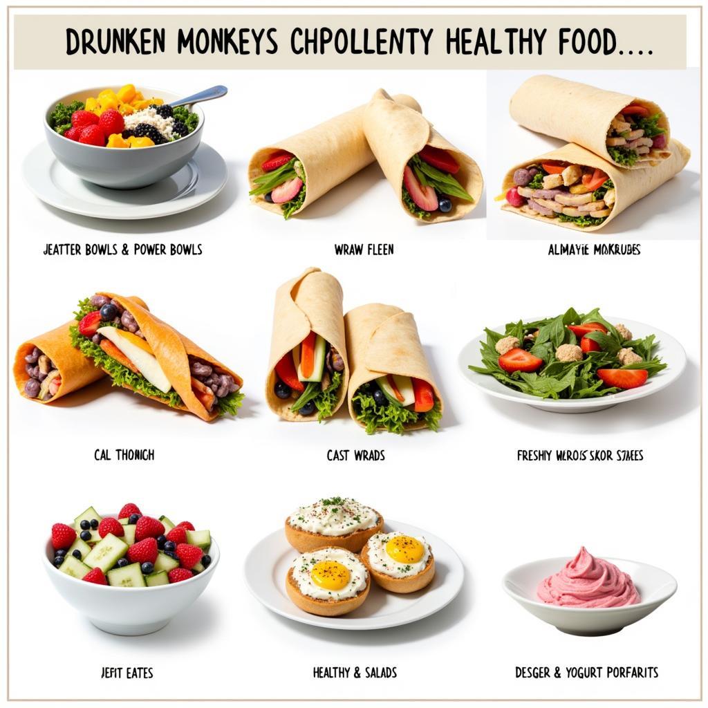 Drunken Monkey menu: power bowls, wraps, sandwiches, healthy snacks.