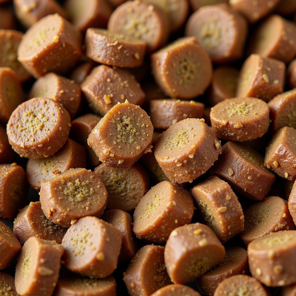 Close-up of dry dog food kibble containing lamb, highlighting the various ingredients.