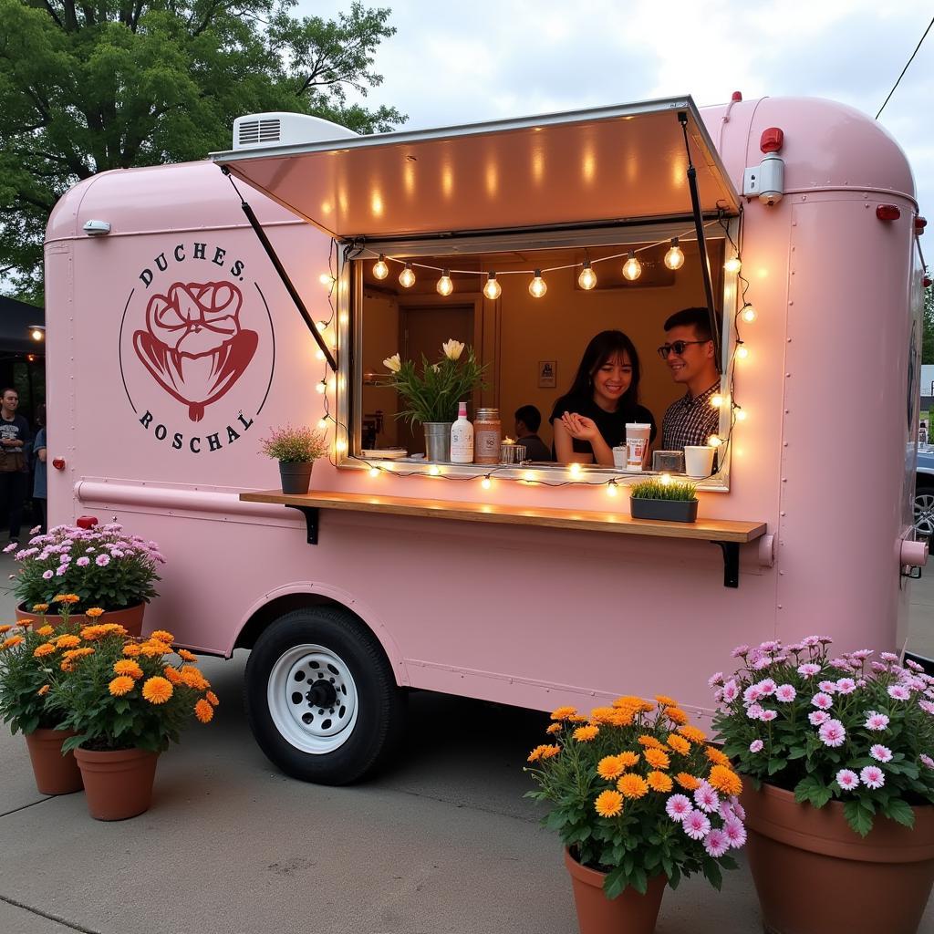 Duchess Rose food truck parked at a local event, decorated with fairy lights and flowers.