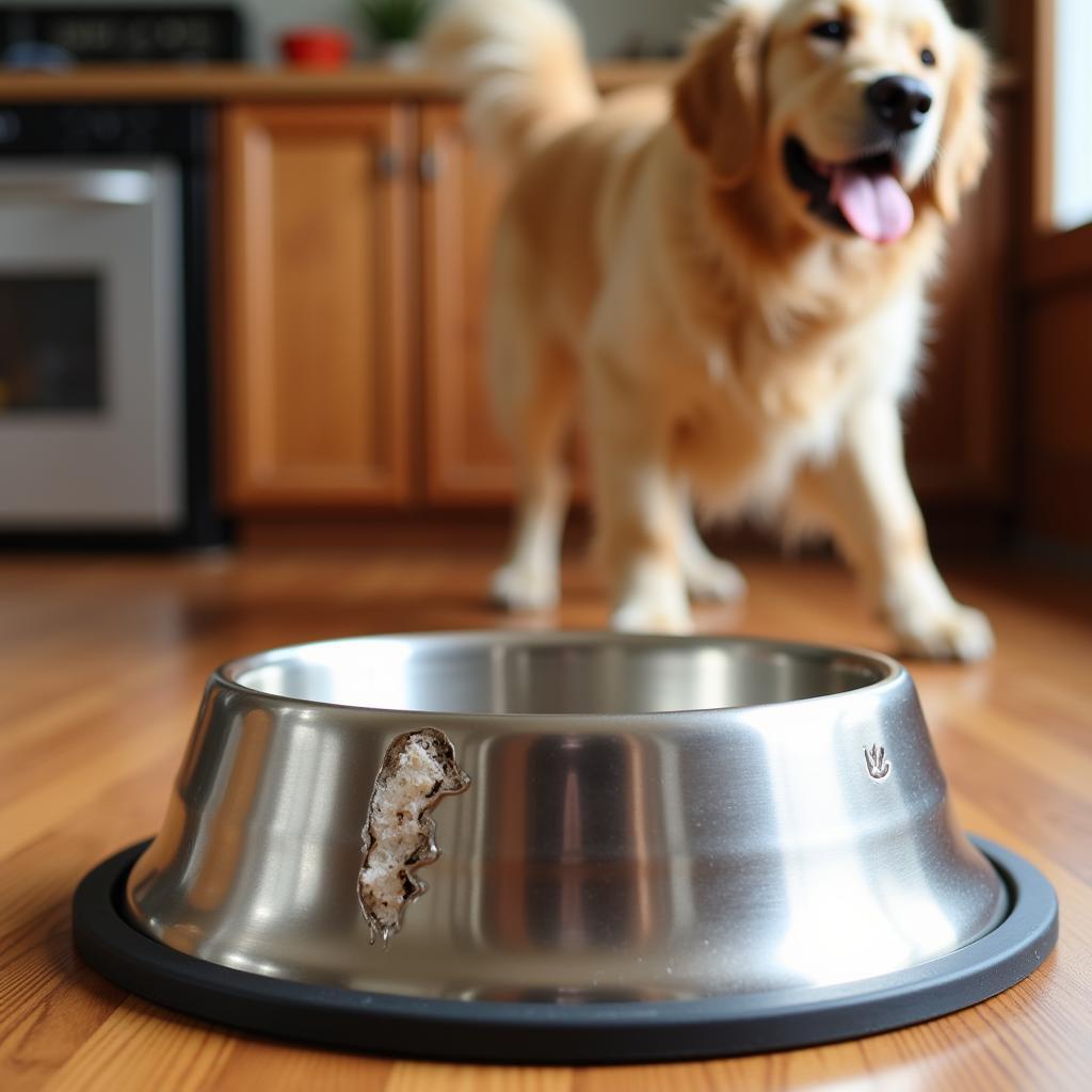 A durable stainless steel dog bowl showing no signs of damage after being chewed on by a dog.