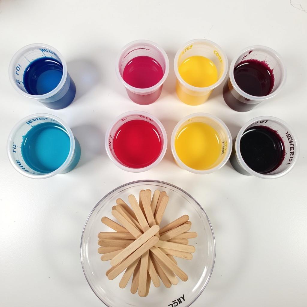 Popsicle sticks submerged in various colored dyes