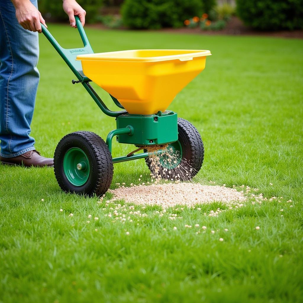 Applying Earth Science Lawn Food Plus to a Lush Green Lawn