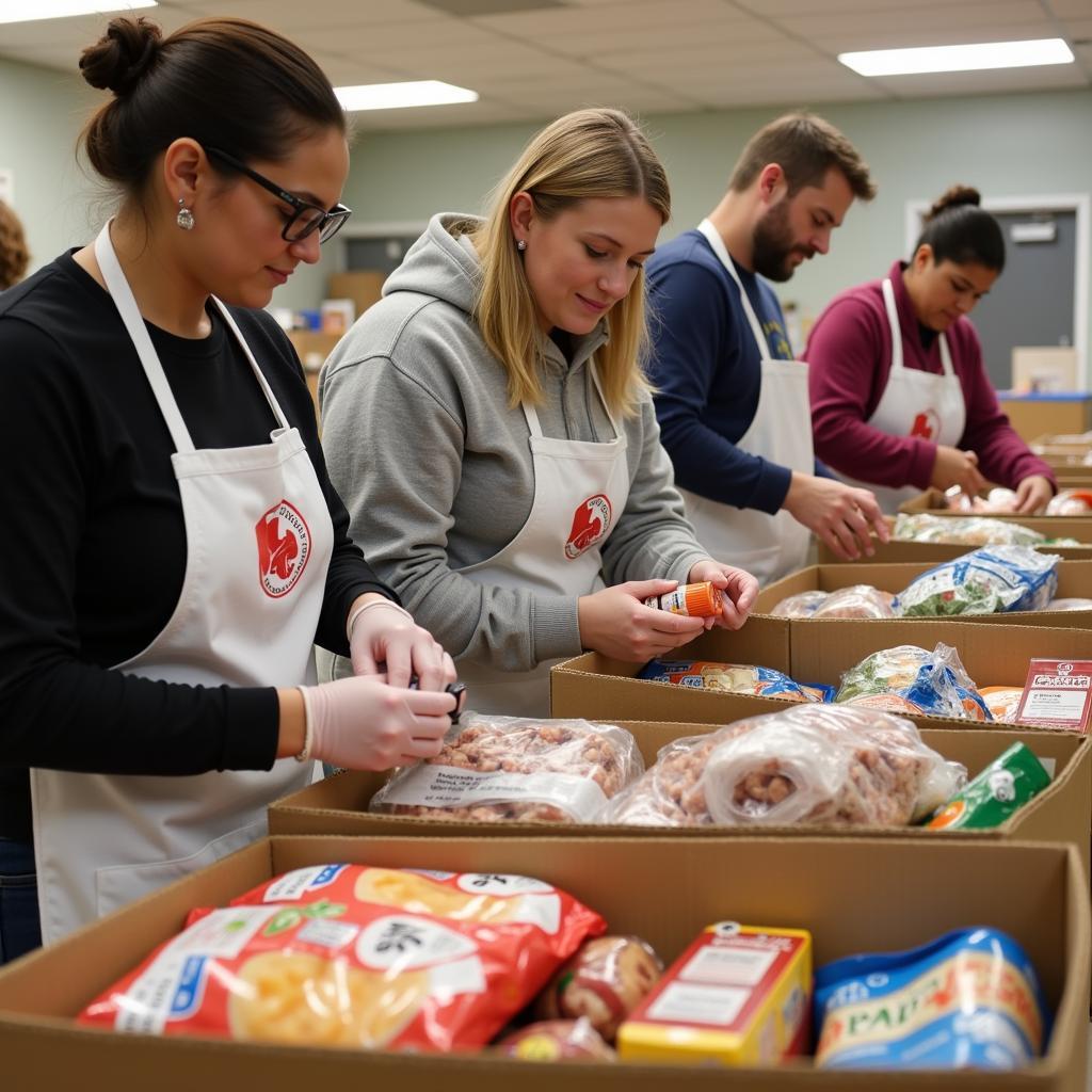 Easton PA food bank volunteers sorting and packing food donations.