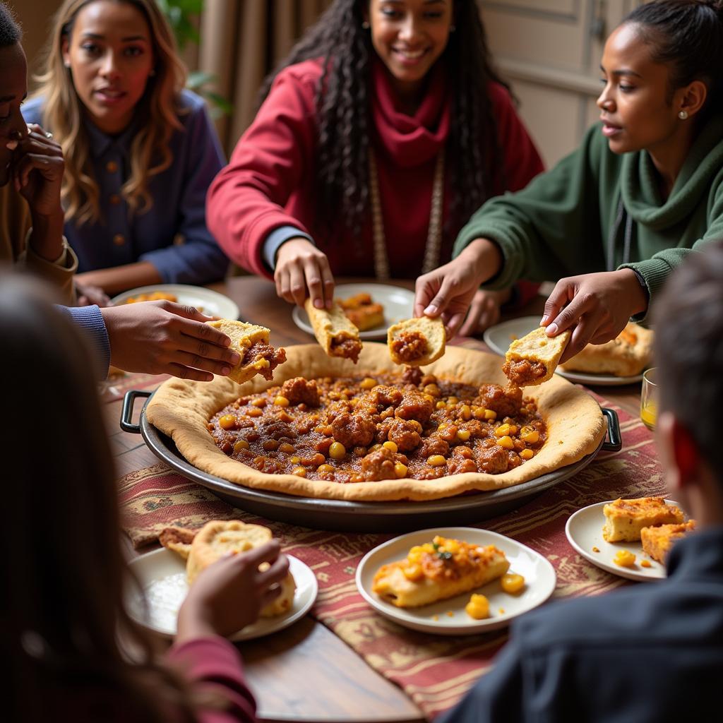 People enjoying Fasolia with injera bread in a traditional Ethiopian setting.