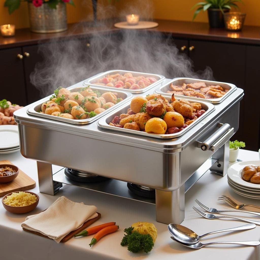 Echo food warmer on a buffet setting with various dishes.