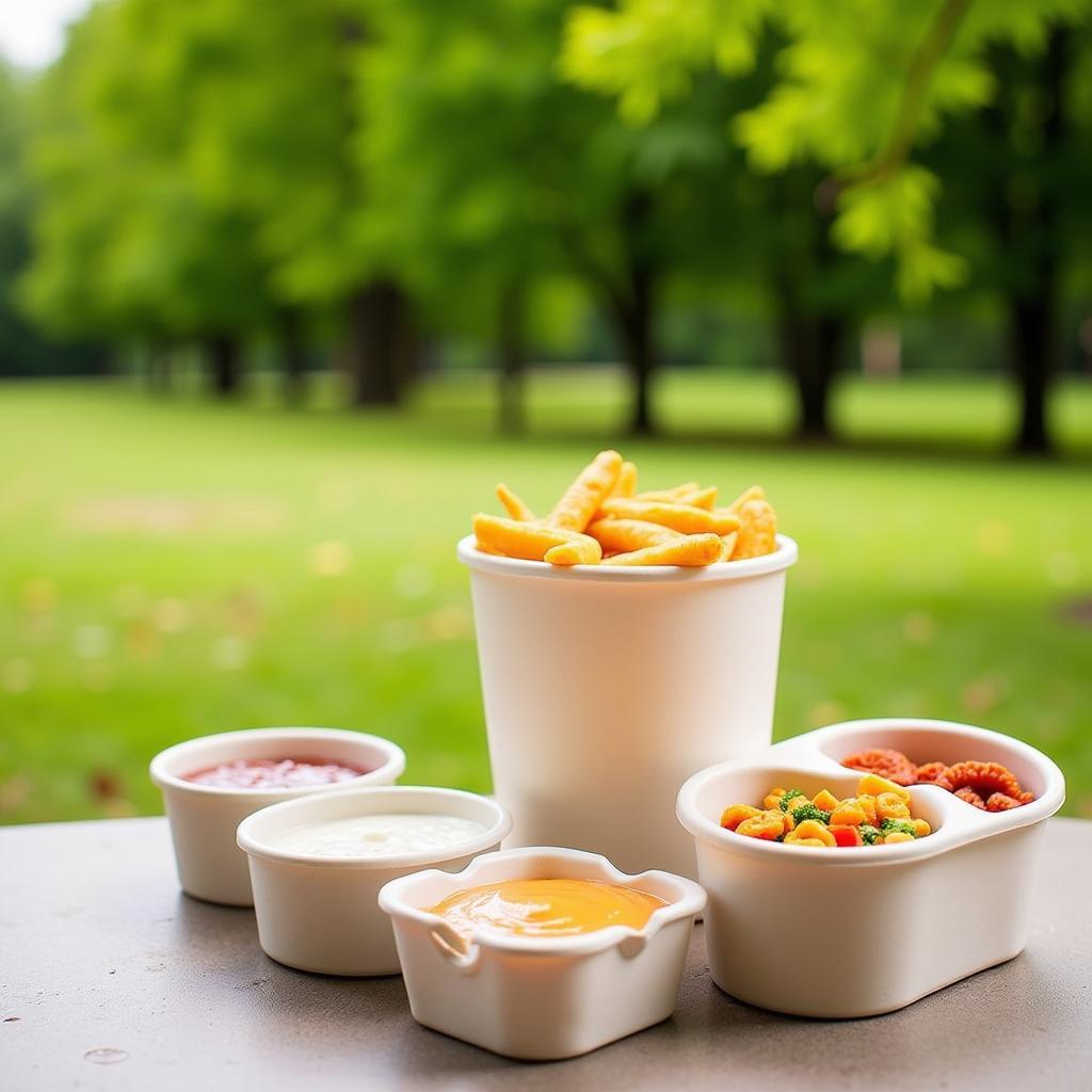 Eco-friendly paper food buckets with compartments for sauces.