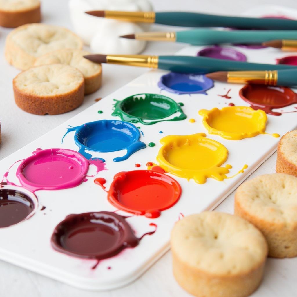 Edible paint palette with various vibrant colors and assorted brushes, ready for food decoration.