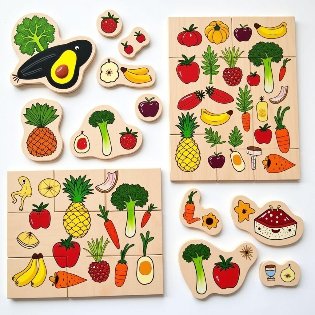 Food jigsaw puzzles for children featuring different fruits and vegetables.