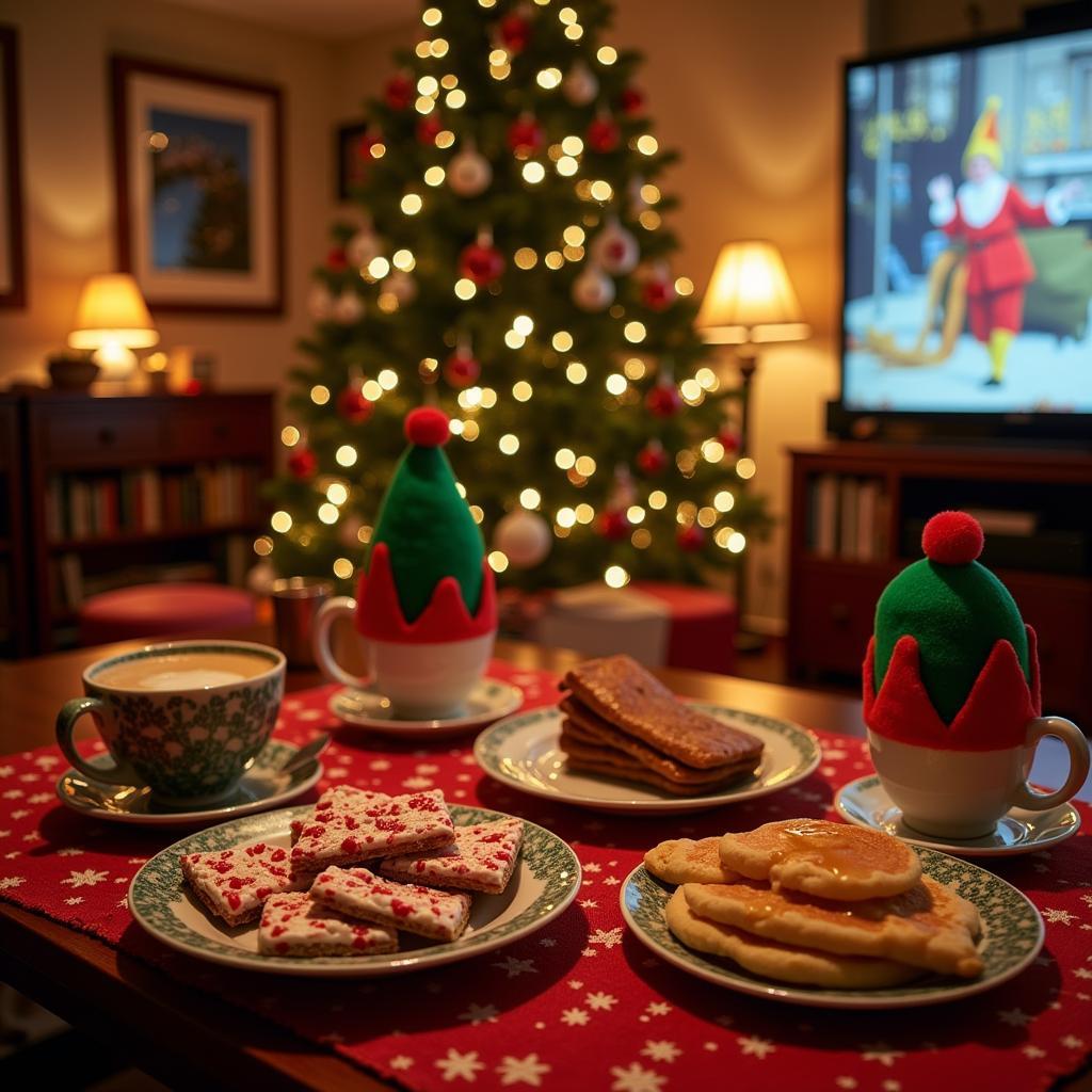 Elf Movie Night Setup with Food and Decorations