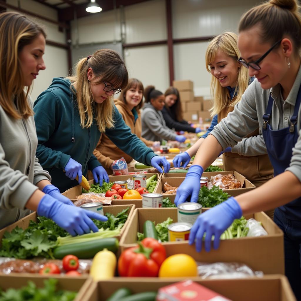 Volunteers sorting food donations at an Elyria Ohio food bank