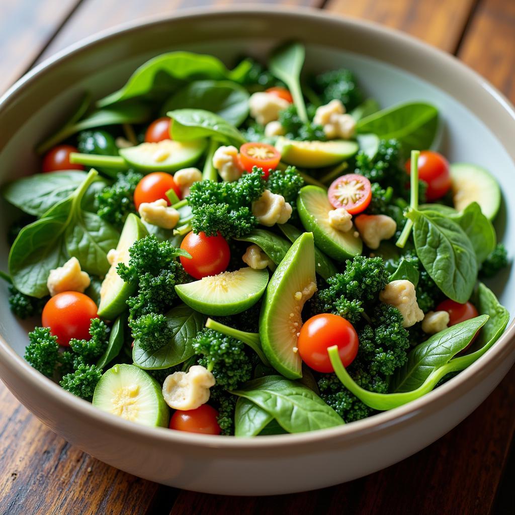 A colorful salad featuring a variety of emerald green vegetables and fruits