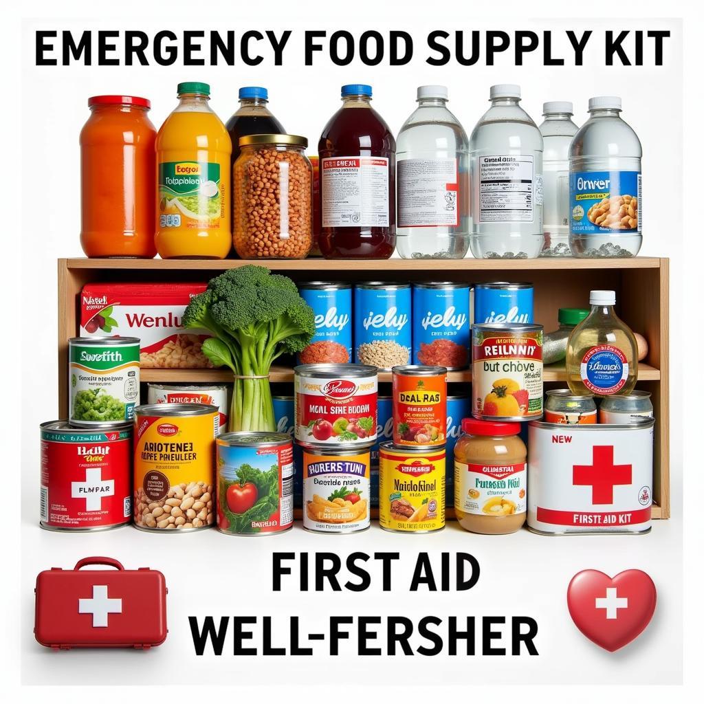 Emergency food supply kit with canned goods, water bottles, and first aid supplies.