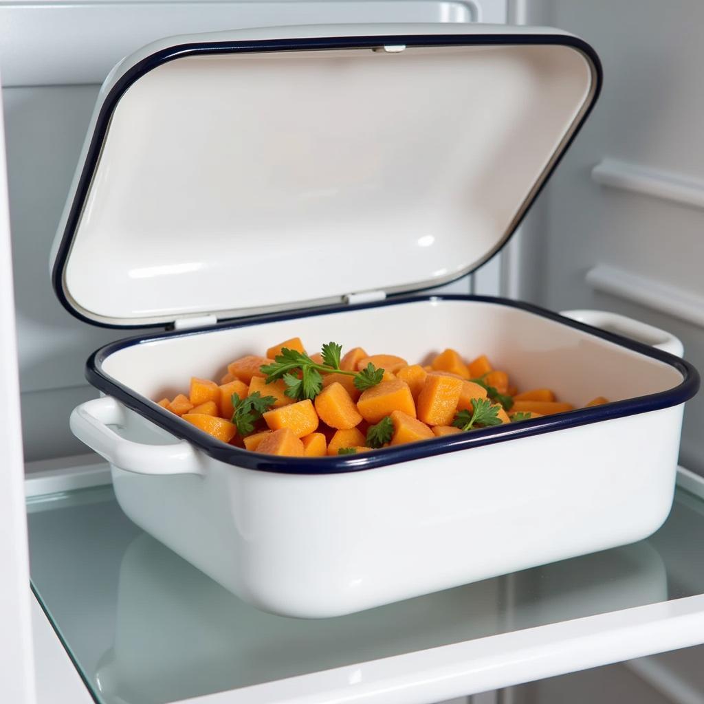 An enamel food container storing leftovers in a refrigerator.