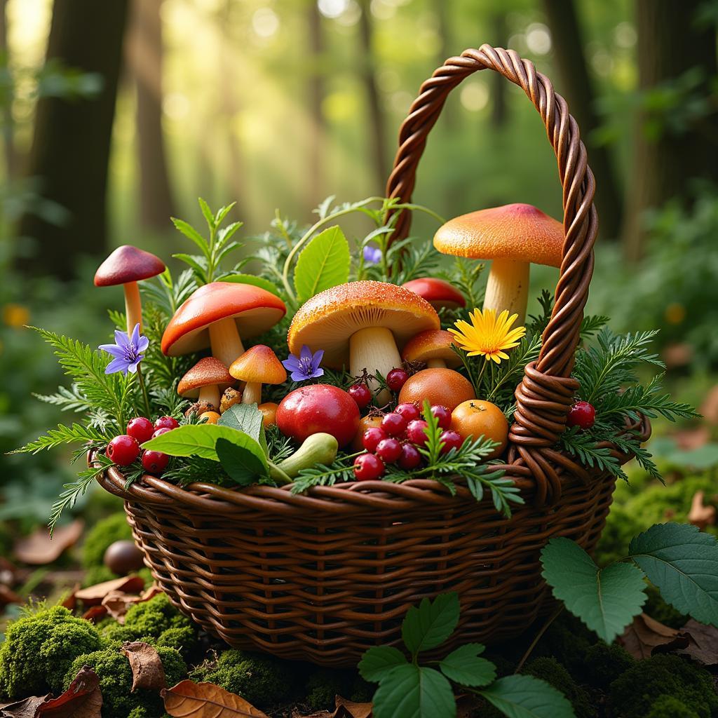 Enchanted Forest Foraged Foods: A Basket of Wild Mushrooms, Berries, and Edible Flowers