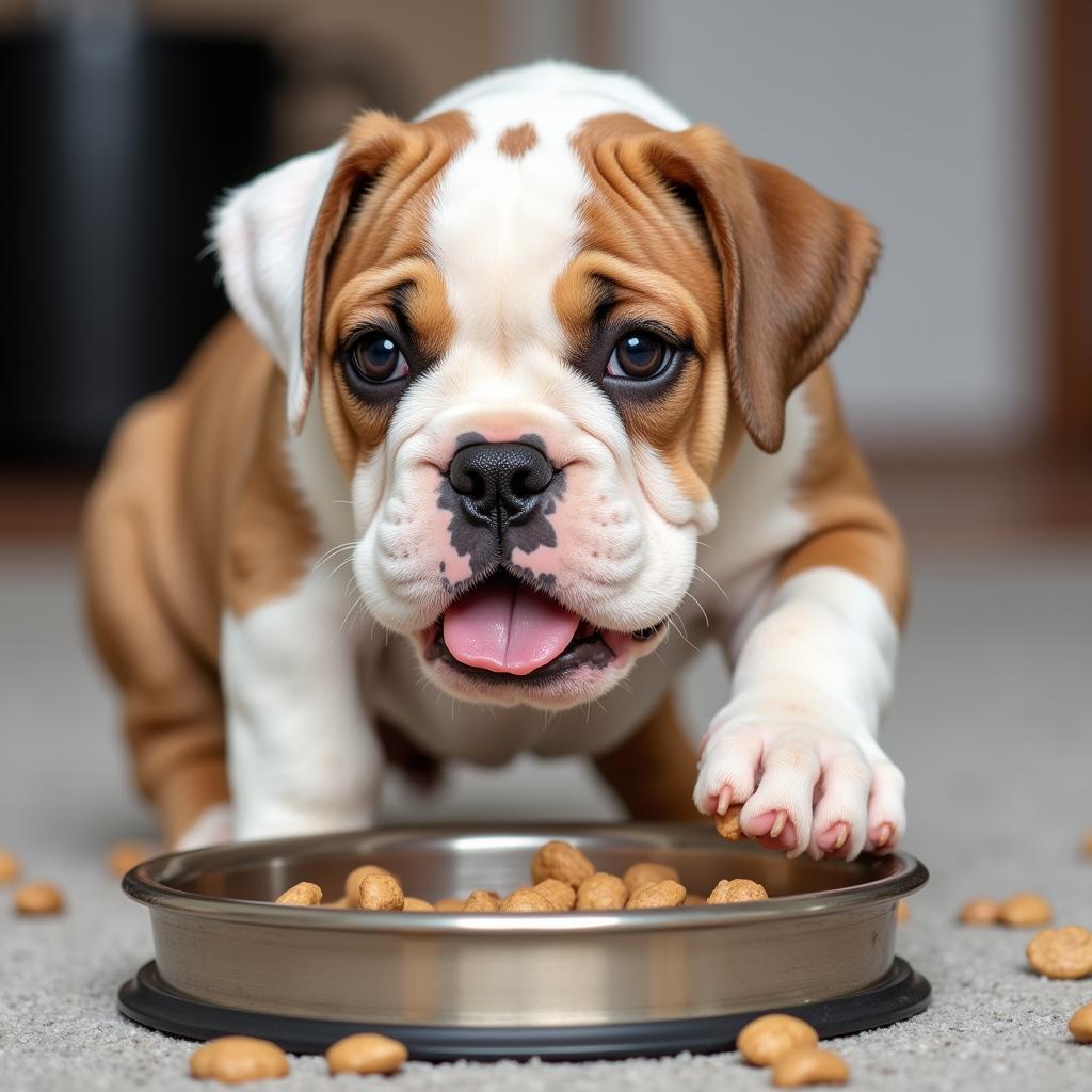 English Bulldog puppy enjoying its kibble