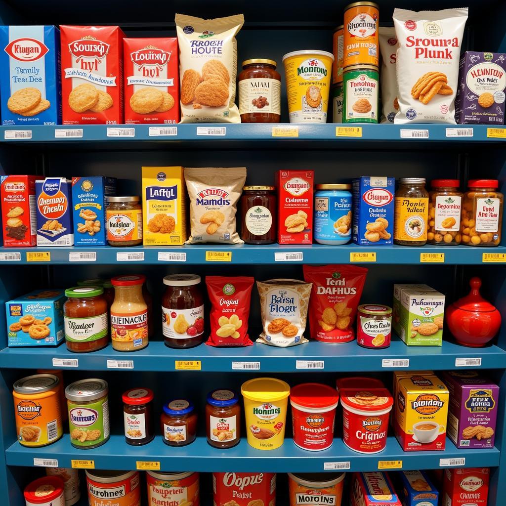 Shelves stocked with a variety of English food products