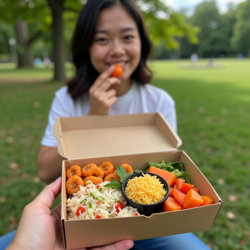 Enjoying Bento Thai Food in a Park Setting