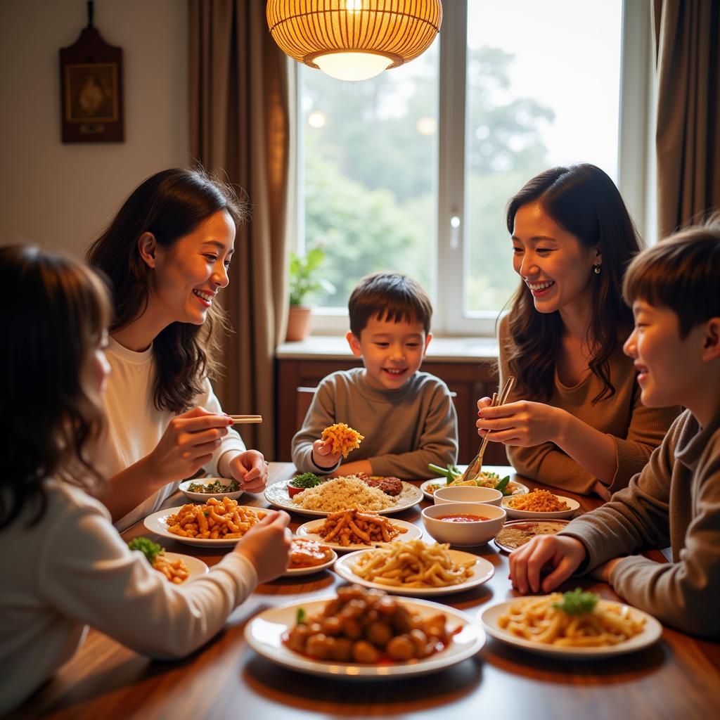 Family enjoying Chinese food delivery at home