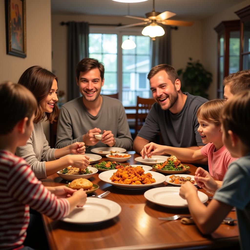 A family enjoying Chinese takeout in their home in Jacksonville, NC.