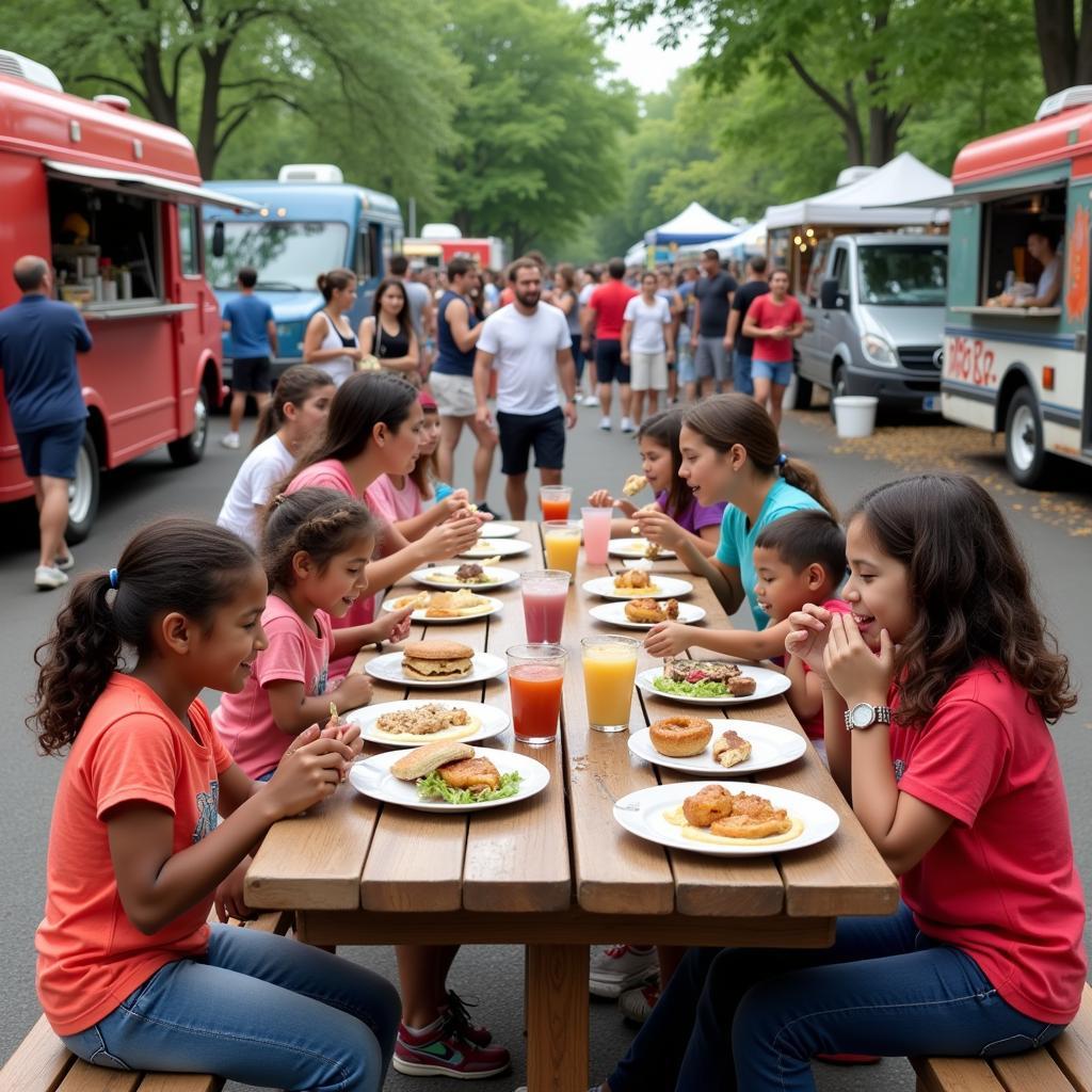 Families and friends enjoying food and drinks at picnic tables during the Levittown Food Truck Friday event.