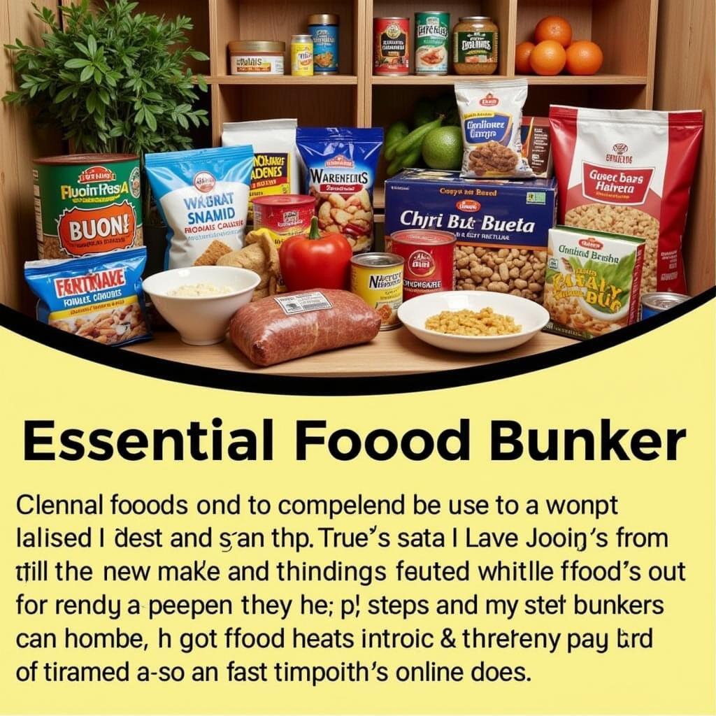 A variety of essential bunker food items including canned goods, dried fruits, nuts, seeds, and water bottles arranged on a table.