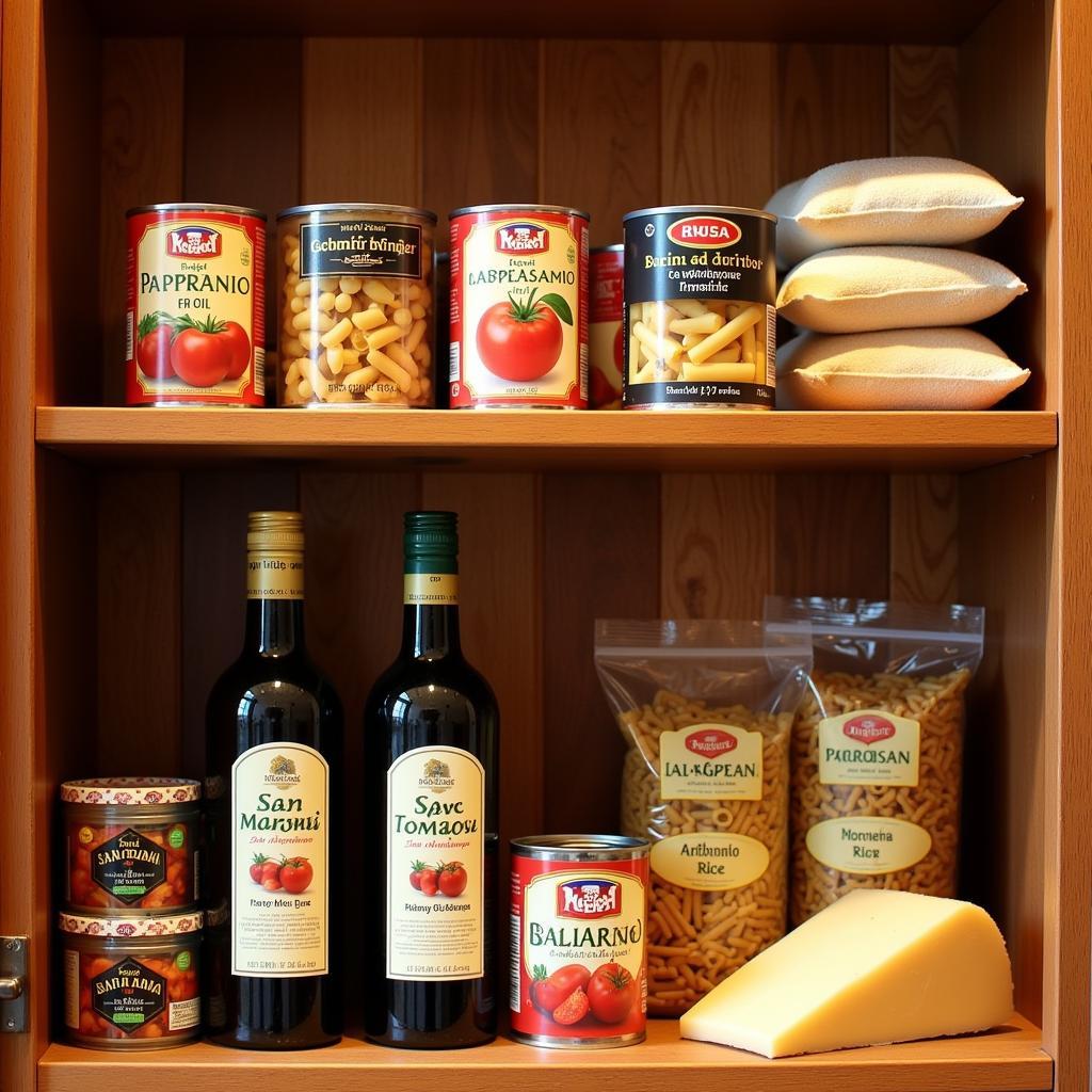 Essential Italian Pantry Staples: A wooden shelf stocked with essential Italian ingredients including olive oil, canned tomatoes, dried pasta, rice, balsamic vinegar, and Parmesan cheese.