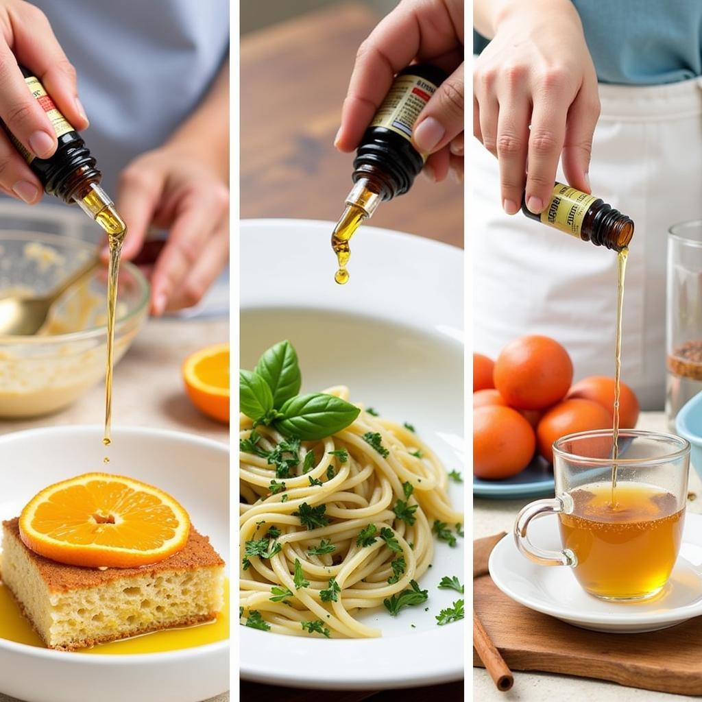 Various essential oils being used in cooking, highlighting both sweet and savory applications.