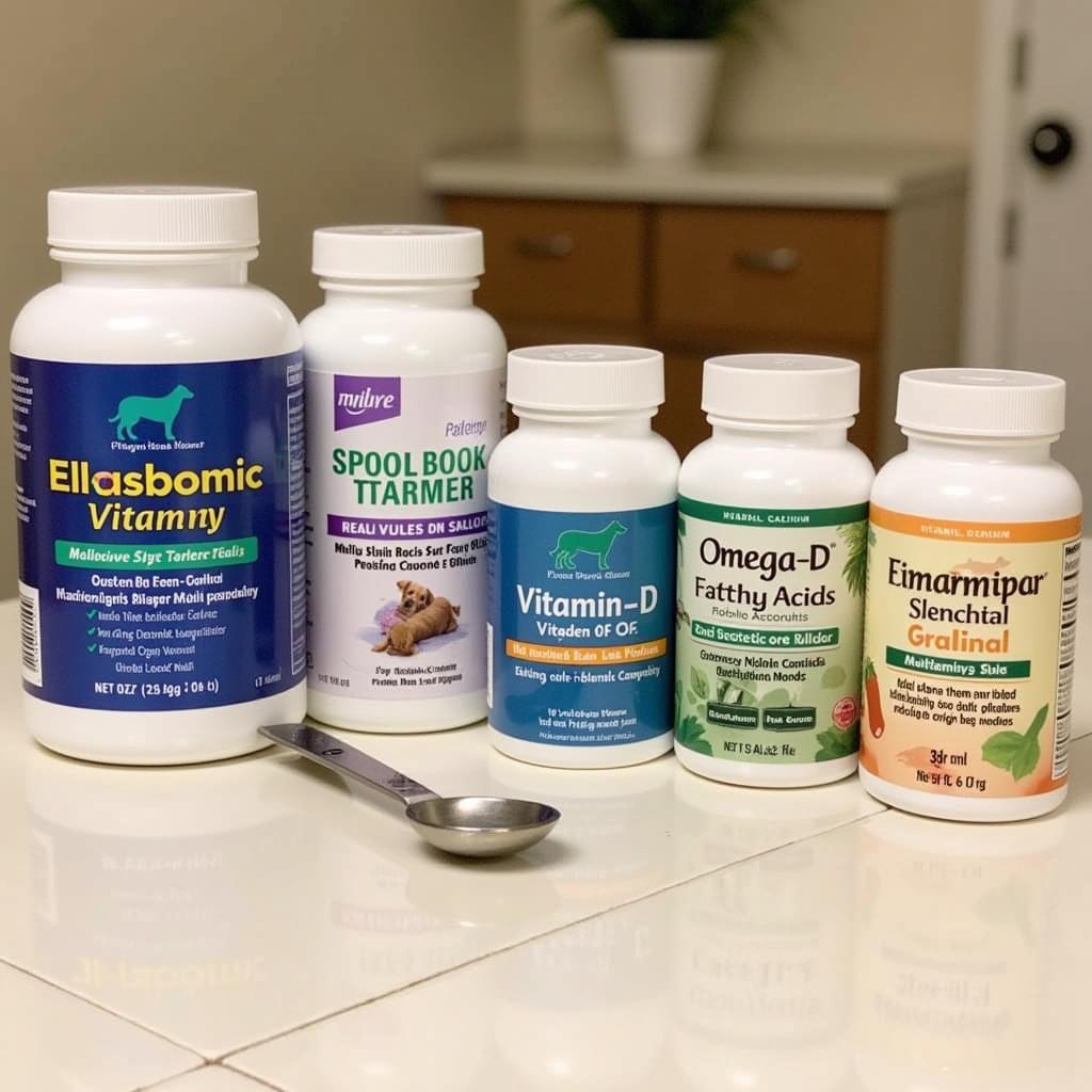 A variety of essential vitamin supplements for dogs, including calcium, vitamin D, and omega-3 fatty acids.