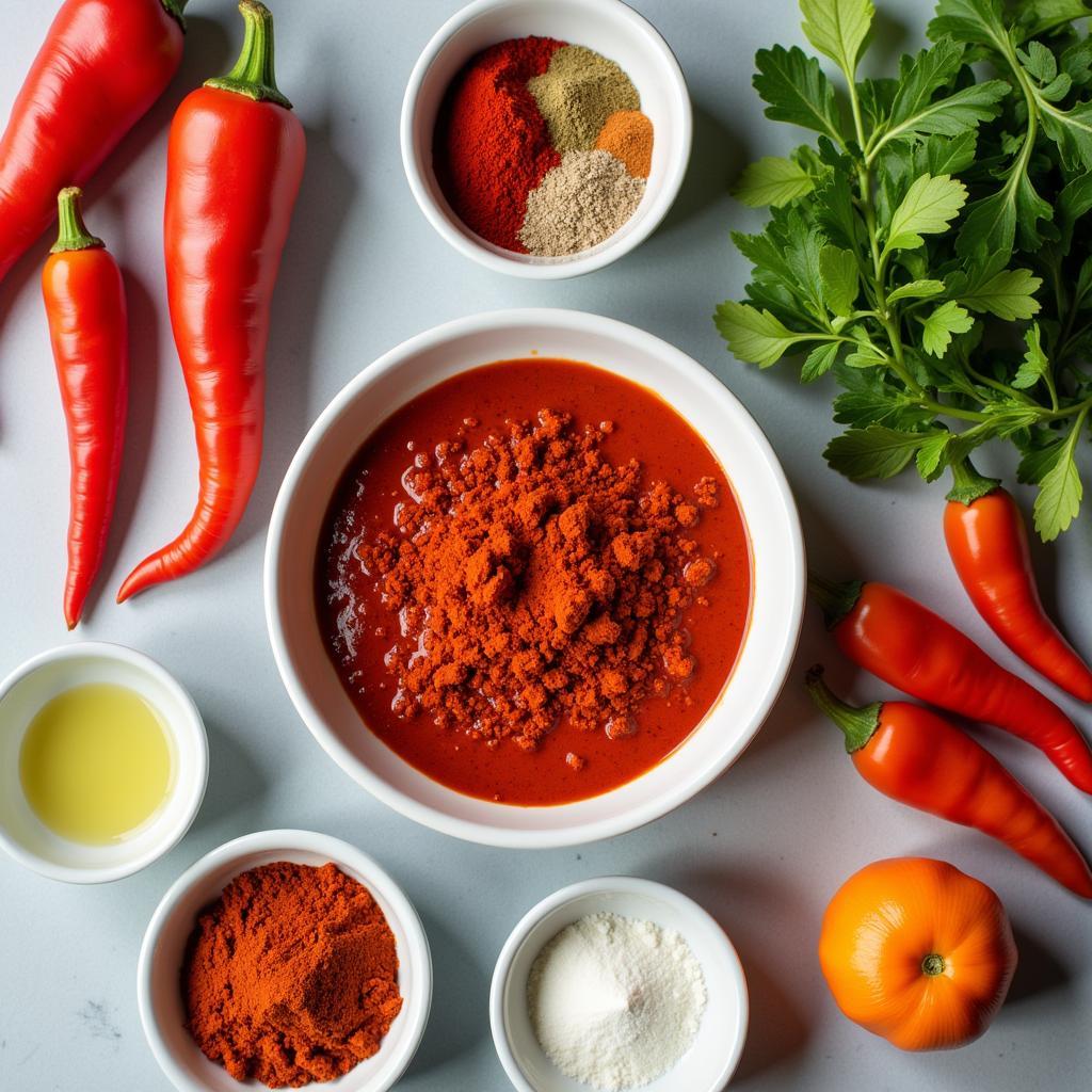 Fresh ingredients for making Fasolia, including green beans, carrots, potatoes, onions, garlic, ginger, and berbere spice blend.