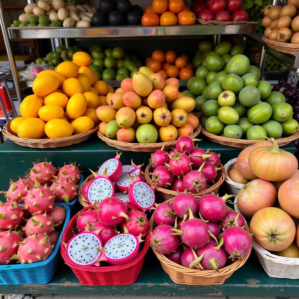 Vibrant Display of Exotic Fruits and Vegetables