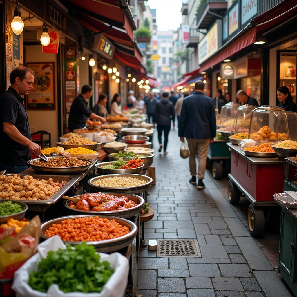 Exploring diverse street food markets with various cuisines and vibrant colors.