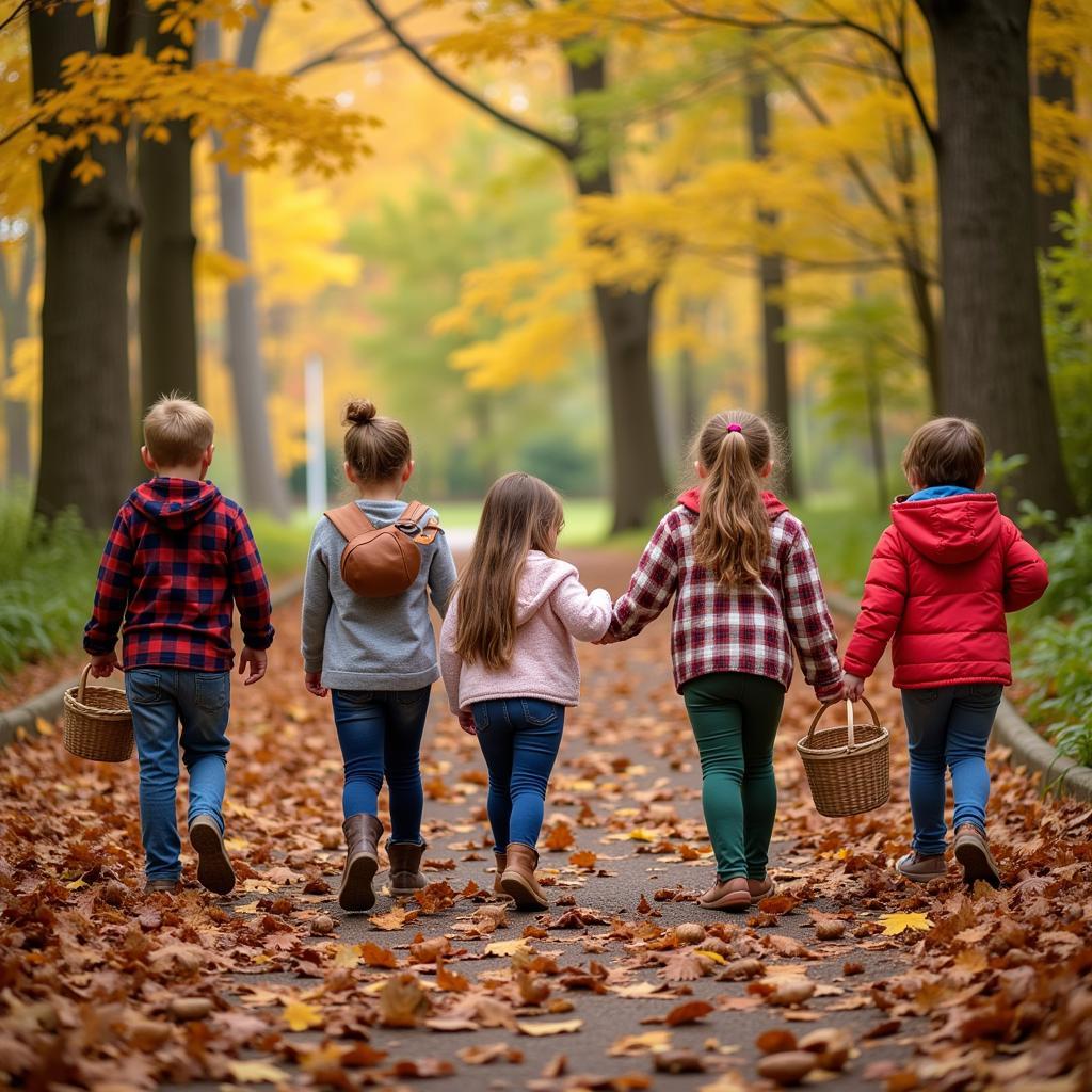 Preschool children on a fall nature scavenger hunt, searching for items like leaves, acorns, and pinecones.