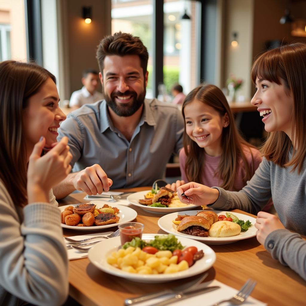 Family enjoying an allergy-free meal in a hotel restaurant