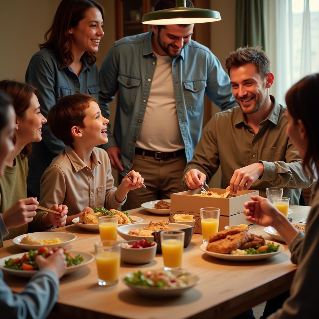 Family Enjoying a Box Food Meal Together